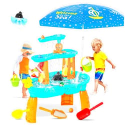 Handwell Upgraded Sand Water Table for Toddlers, Auto Water-Absorbing 3-Tier Outdoor Activity Table with Umbrella & 20PCS Water Toy Accessories, Outside Water Play Toys Sensory Table for Kids Summer Toy Gift