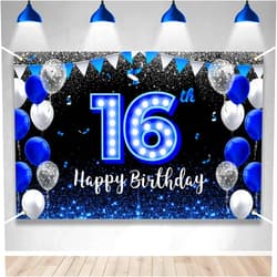 BECKTEN Happy 16th Birthday Backdrop Banner Blue Black Theme Background With Blue Neon Light Shiny Fashion Birthday Party Photo Photography Prop Booth Background for Boys Girls Celebration 70.8x47.2in-BECKTEN