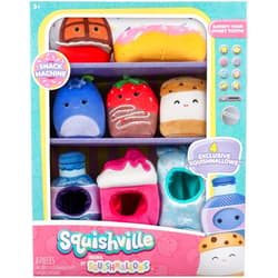 Squishville by Original Squishmallows Snack Machine Accessory Pack - Four 2-inch Squishmallows Plush Including Bluby, Kaoko, Scarlett, and Paulton and Four Plush Costumes - Toys for Kids