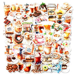 Icicrim 50PCS Coffee Stickers for Water Bottles Cups Scrapbooking Journaling, Icicrim Cute Cafe Stickers Waterproof Vinyl Vintage Decals for Adults Teens Aesthetic Cartoon Stickers