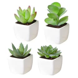 MyGift Set of 4 Mini Assorted Green Decorative Artificial Succulent Plants in Square White Glazed Ceramic Planter Pots