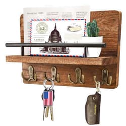 FIORENZA Decorative Mail and Key Holder for Wall, Wooden Mail Organizer with 4 Double Key Hooks, Wood Hanging Mail Sorter with Shelf, 100% Wood Letter, Bill and Newspaper Storage Shelf