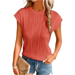 EVALESS Womens Short Sleeve Textured Tops Crewneck Knit Solid Loose Casual Basic T Shirts Tee Blouses