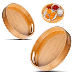 RHBLME 2 Pack Round Wood Tray, 12 Inch & 14 Inch Round Serving Tray with Handles, Large Circle Tray Decorative Wooden Serve Tray, Round Ottoman Tray Round Bamboo Tray for Food Cocktail Drink