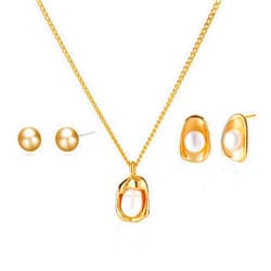 Lijiayione Gold Jewelry Set for Women - Dainty 14K Gold/Silver Plated Pearl Pendant Necklace and Earring Set - Wedding Jewelry Gift