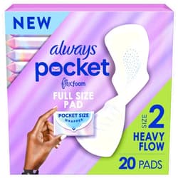 Always Pocket Feminine Pads for Women with FlexFoam, Size 2, Heavy Flow, with Wings, Unscented, 20 Count