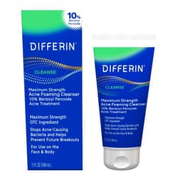 Differin Acne Face Wash with 10% Benzoyl Peroxide, Maximum Strength OTC Acne Foaming Cleanser, Fast Acting Acne Treatment for Face and Body, 5 oz.