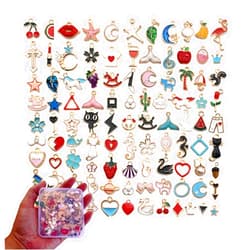 Tangser 100Pcs Assorted Gold Plated Enamel Pendants Necklace Bracelet Charms for Necklace Bracelet Jewelry Making and Crafting with a PP Case