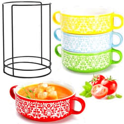 Acshio Set of 4 Ceramic Soup Bowls with Handles, 20 Oz Multicolor French Onion Soup Bowls with Organizer Rack, Stackable Soup Serving Crock for Beef Stew, Pasta, Cereal, Pot Pies