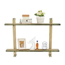 Danya B. Two-Tier Warm Gold and Washed Oak Brown Metal Hanging Bracket Wall Mounted Shelf