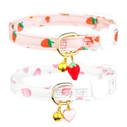 FYEQYAOU 2 Pack Cotton Breakaway Cat Collar,Pink Strawberries and White Heart Shaped Pendant Kitten Collar Cute Cat Collar with Bell,Ideal for Girl Cats Boy Cats