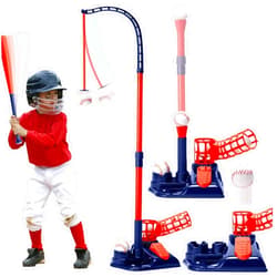 Punieayi 3-in-1 Tee Ball Set for Kids, Height Adjustable Baseball Set with Auto Pitching Machine/T Ball Stand/Hanging Tee/Retractable Bat/6 Softballs, Indoor Outdoor Sports Toys for Boys Girls 3-5 5-8, Blue