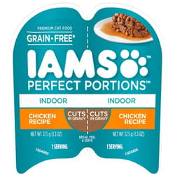 IAMS PERFECT PORTIONS Indoor Adult Grain Free* Wet Cat Food Cuts in Gravy, Chicken Recipe, (24) 2.6 oz. Easy Peel Twin-Pack Trays