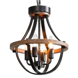 Threebro Chandeliers，Farmhouse Ceiling Chandelier Wood Black Modern Rustic Hanging Pendant Light Fixture with Chain for Dining Room Living Room Entryway Kitchen Island Bedroom Foyer Lighting（4-Light）