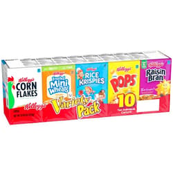 Kellogg's Breakfast Cereal Assorted Variety Pack, Corn Flakes, Frosted Flakes, Frosted Mini-Wheats Original, Raisin Bran, Froot Loops, Corn Pops, Rice Krispies, Special K Original, Single Serve, 10.94 oz (10 Count)