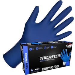 SAS Thickster Powdered Latex Disposable Gloves. Size 2X-Large. Blue Color, 14 mil Thickness, 12