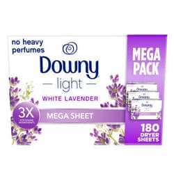Downy Light Mega Dryer Sheets, Fabric Softener Dryer Sheets, White Lavender, 180 Count