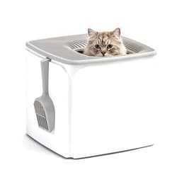 IRIS USA Premium Top Entry Cat Litter Box with Scoop, Square Cat Litter Box Enclosure, Kitty Litter Box, White/Gray