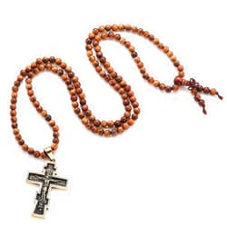 Xanight Jesus Crucifix Stretch Rosary Necklace,Wooden Beads Handmade Holy Mary Stainless Steel Cross Medal Amulet Christian Pendant for Men & Women
