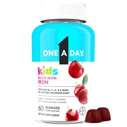 One A Day Kids Multivitamin with Iron Gummy, Vitamin D, Vitamin C, E, Zinc for Immune Support, Gummy Vitamins, Kids Multivitamin Gummies with Iron, Cherry Flavor, 60 Count (Packaging May Vary)