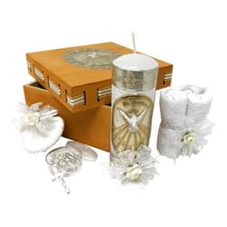Arcángeles Mexicanos Catholic Baptism Candle Set in a Wooden Box with Towel, Candle, Rosary and Shell for Baby Boys and Girls. Baptism Kit Handmade in Mexico Gift for Godparents. Holy Spirit Baptism Kit Kit de Bautizo.
