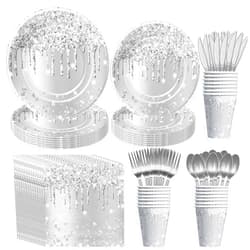 YJRJSC Silver Plates And Napkins Party Supplies - Silver Party Decorations Tableware For Birthday Bridal Shower, Paper Plate, Napkin, Cup, Cutlery, Diamonds Silver Glitter Table Decorations | Serve 24