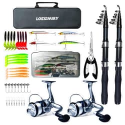 LOEIBMIRY Fishing Rod Reel Combo - 2PCS 6.89ft Collapsible Rods 2PCS Spinning Reels Lures Set Fishing Pliers Carrier Bag for Travel Saltwater Freshwater Fishing Telescopic Fishing Pole Kit