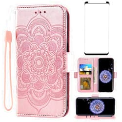 Asuwish Compatible with Samsung Galaxy S9 Plus Wallet Case and Tempered Glass Screen Protector Flip Cover Card Holder Cell Accessories Phone Cases for Glaxay S9+ 9S 9+ S 9 9plus S9plus Women Rose Gold