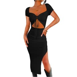 Rooscier Women's Deep V Neck Tie Front Cutout Split Short Sleeve Sexy Bodycon Midi Dress