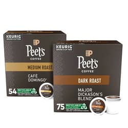 Peet's Coffee Major Dickason's Blend, Dark Roast, 75 Count Single Serve K-Cup Coffee Pods, Black & Café Domingo, Medium Roast, 54 Count Single Serve K-Cup Coffee Pods