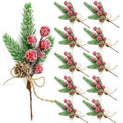 BleSky Red Berry Stems Floral Pine Branches Christmas Artificial Pine Cones Branch Evergreen Christmas Berries Décor 10PCS Holiday Floral Picks Holly Stem for Xmas Wreath DIY Garland Crafts Decoration