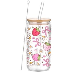 Yetene Strawberry Glass Cup with Lid and Straw 16oz Coquette Bow Aesthetic Cup Strawberry Gifts for Women Girls Friend Sister Girlfriend