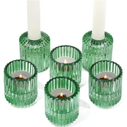 Vixdonos Ribbed Glass Taper Candlestick Holders Set of 6 Tealight Votive Candle Holder Bulk for Table Centerpieces,Party, Wedding and Home Decor (Dark Green, 6 Pcs)