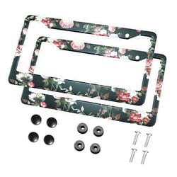 HOSNYE Watercolor Roses License Plate Frame Black 2 Pcs Seamless Floral Pattern Metal Cute Licenses Plates Frames Licenses Plate Covers Car Tag Frame for Women Men US Vehicles