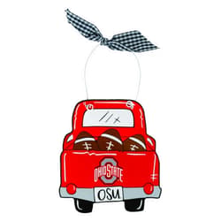 Magnolia Lane Ohio State University Buckeyes Wooden Ornament - Pick-up Truck, Footballs & Team Logo Design w/Plaid Ribbon by Magnolia Lane - Hanging Home Decor, Gift for OSU Fans, Students or Alumni
