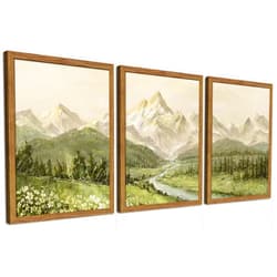 Fancynew Framed Mountain Wall Art for Living Room, Green Nature Landscape Canvas Wall Decor Set of 3, Vintage Forest Rustic Farmhouse Prints Pictures Paintings for Office Bedroom 12x16 Inch
