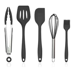 XoYoZo Silicone Kitchen Cooking Utensils Set Kitchen Spatula Set with Holder,5 pcs Heat Resistant Silicone Kitchen Utensils Gadgets Tools Set for Nonstick Cookware,Dishwasher Safe (Black)