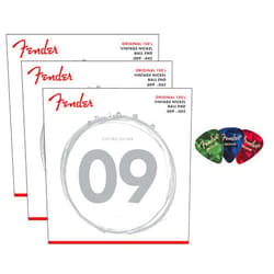 Fender Original 150 Pure Nickel Electric Guitar Strings Wound, Ball End - Light .009-.042 3-Pack Bundle with 3-Pack Picks