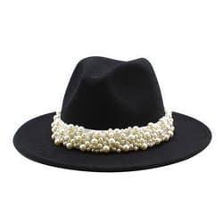 Qkrlamx Black Fedora Hats for Women Wool Panama Hat with Pearl Band Wide Brim Felt Hat Classic Trilby Hat