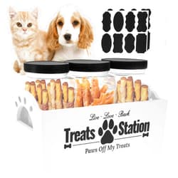 KarHoeGern Dog Treat Container for Countertop Dog Food Storage with 3 Plastic Treat Jars Wood Dog Food Container with Handles and Lids Farmhouse Practical Pet Cat Dog Treat Storage Containers (white)