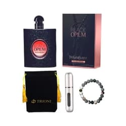 TRIONI Perfume Trioni Gift Set includes YSL Black Opium Perfume For Women, 3 Ounce EDP Spray, Mini Refillable Perfume Atomizer Refillable Perfume Spray, Lava Stone Rock Bead Elastic Natural Stones Diffuser Bracelets Along With Velvet Drawstring Pouch EDP 3 Fl Oz