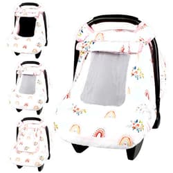 Pea Pod Winter Baby Car Seat Cover for Newborn, Warm Infant Car Seat Canopy Covers with 2 Layers Windows of Breathable Mesh/Fabric, Lightweight Polyester/Thick Minky Dot Backing (Floral & Rainbow)