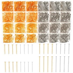 Junkin 2800 Pieces Headpins for Making Jewelry Flat Head Pins Set 0.63 Inch 0.71 Inch 0.79 Inch 1.18 Inch Jewelry Making Head Pins Mix Beading Pins for DIY Jewelry Making (Gold, Silver)