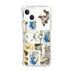 Veakgpligo Skull and Blue Butterfly Phone Case Compatible with iphone 13,Vintage Newspaper Skull Bones Phone Cover for Girl Women Men,Unique Soft TPU Bumper Case Cover