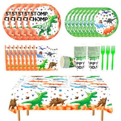 WERNNSAI Watercolor Dinosaur Party Tableware Set - 130 PCS Dinosaur Party Supplies for Birthday Includes Disposable Dinner Dessert Plates Napkins Tablecloth Cups Cutlery Bag Utensils Serves 16 Guests