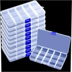 KINJOEK 10 Pack 15 Grids Plastic Bead Organizer Containers Storage, Adjustable Dividers Diamond Jewelry Craft Painting Storage Case, Clear Small Fishing Tackle Box for Sewing Cross Stitch Accessories