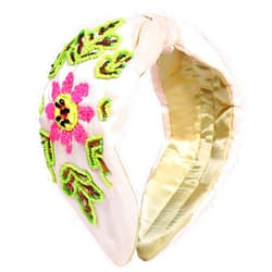 CENAPOG Embroidery Beaded Wide Headbands Boho Headbeads for Women Girls Twist Knot Beaded Flower Headbeads (apricot)