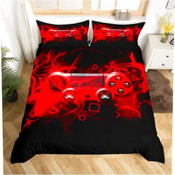 Feelyou Kids Gaming Duvet Cover Set Twin Size Gamer Bedroom Decor For Boys Girls Teens Video Game Controller Bedding Set Youth Game Console Comforter Cover Red Black Geometry With 1 Pillow Case Zipper