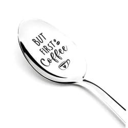 Ptzizi Funny But First Coffee Engraved Stainless Steel Espresso Coffee Spoon for Friends Men Women Birthday Thanksgiving Christmas Coffee Lovers Gifts, Silver, 1.3x7