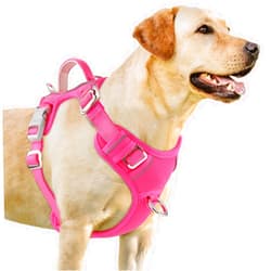 BARKBAY No Pull Dog Harness 3 Buckles Large Reflective Dog Harness with Front Clip and Easy Control Handle for Walking Training Running with ID tag Pocket(Pink,L)